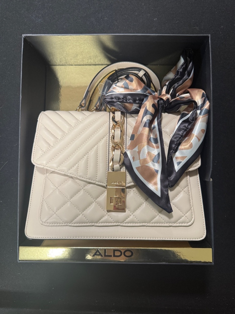 ALDO Cream Quilted Top-Handle Satchel with Scarf Accent